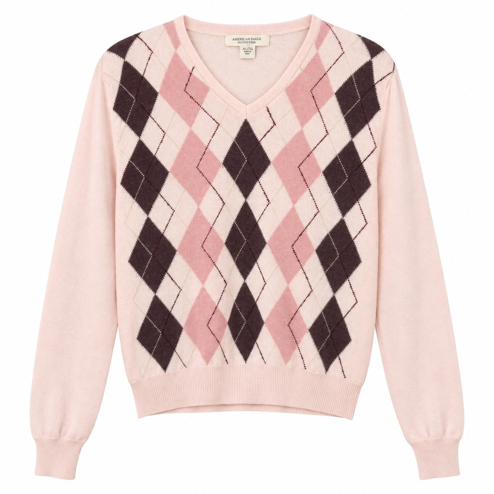 Vintage Y2K American Eagle Pink Argyle Wool Blend Sweater XL Preppy Old Money
